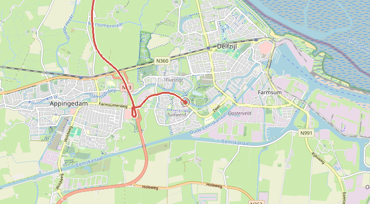 Kaart van de omgeving van de melding, met de kazerne die is gealarmeerd