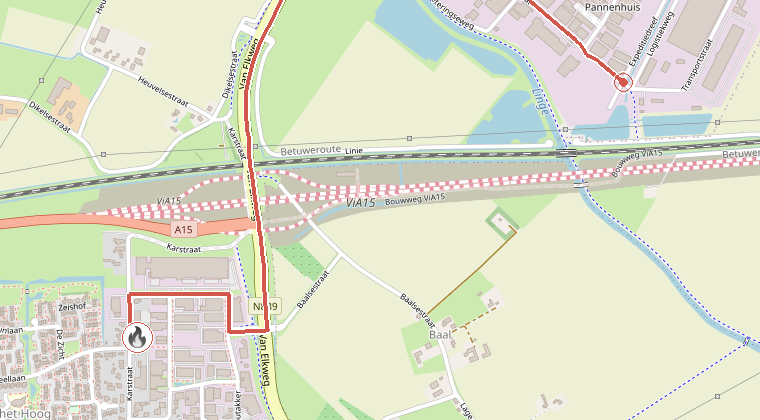 Kaart van de omgeving van de melding, met de kazerne die is gealarmeerd