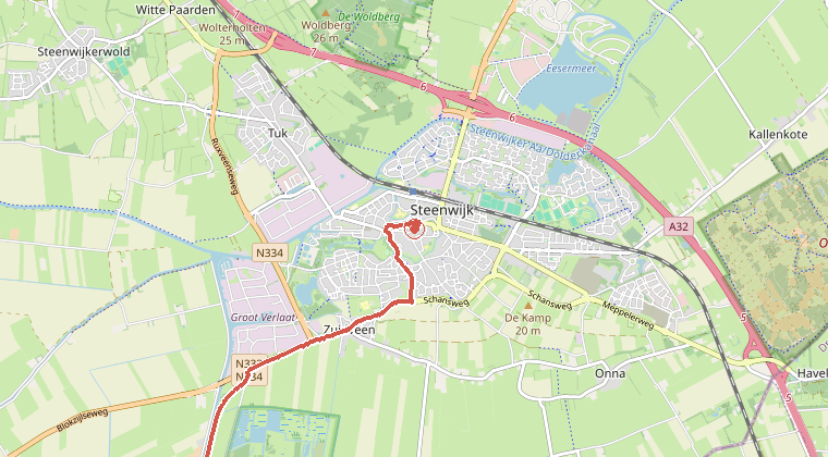 Kaart van de omgeving van de melding, met de kazerne die is gealarmeerd