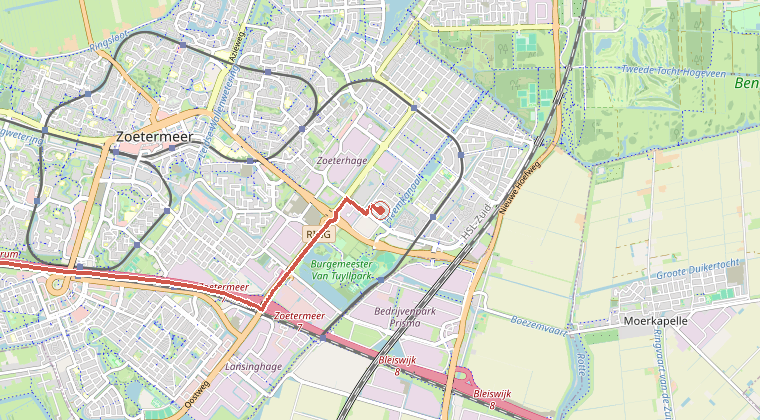 Kaart van de omgeving van de melding, met de kazerne die is gealarmeerd