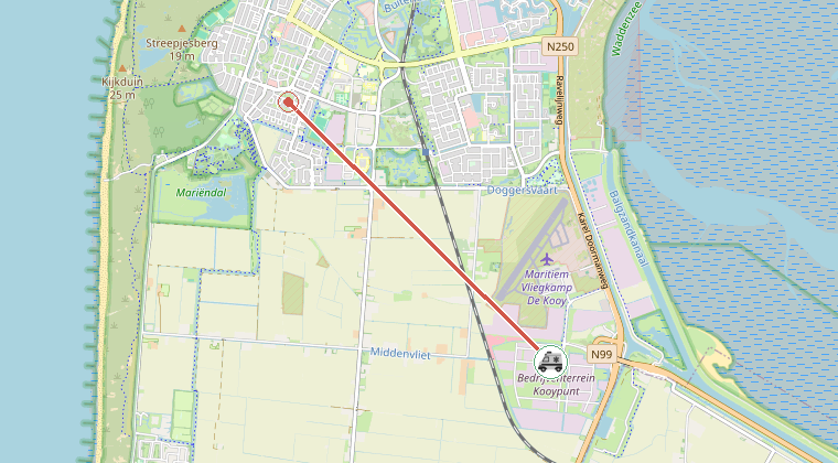 Kaart van de omgeving van de melding, met de kazerne die is gealarmeerd
