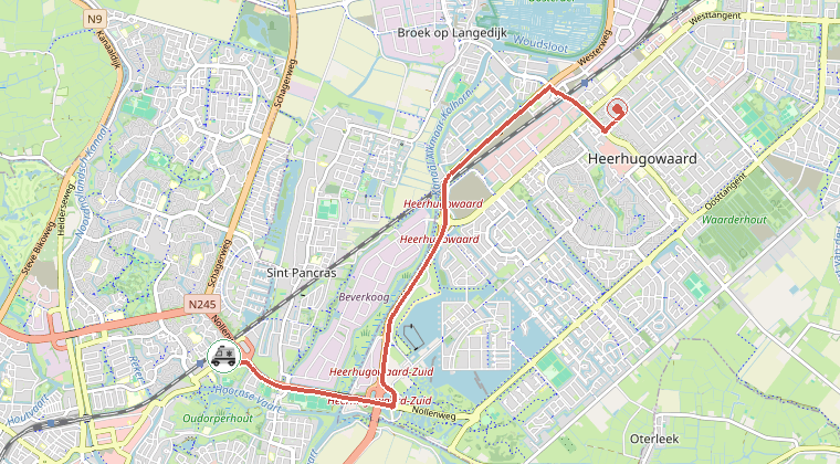 Kaart van de omgeving van de melding, met de kazerne die is gealarmeerd