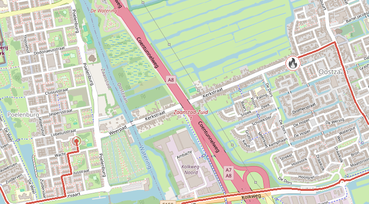 Kaart van de omgeving van de melding, met de kazerne die is gealarmeerd