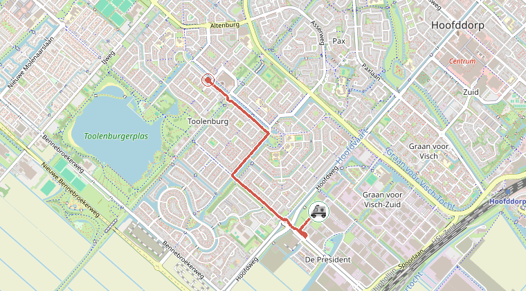 Kaart van de omgeving van de melding, met de kazerne die is gealarmeerd