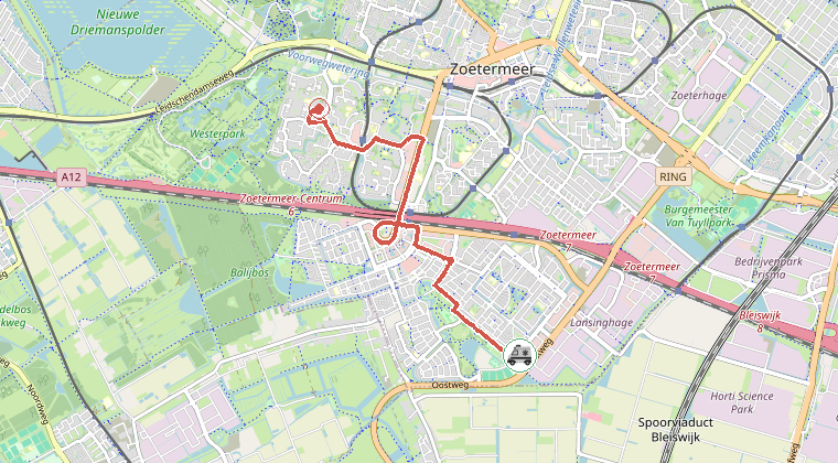 Kaart van de omgeving van de melding, met de kazerne die is gealarmeerd