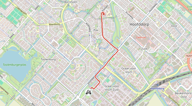 Kaart van de omgeving van de melding, met de kazerne die is gealarmeerd
