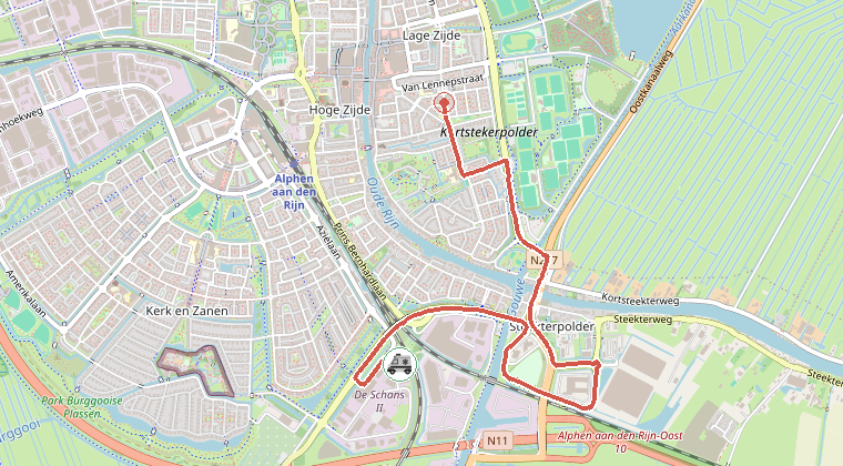 Kaart van de omgeving van de melding, met de kazerne die is gealarmeerd