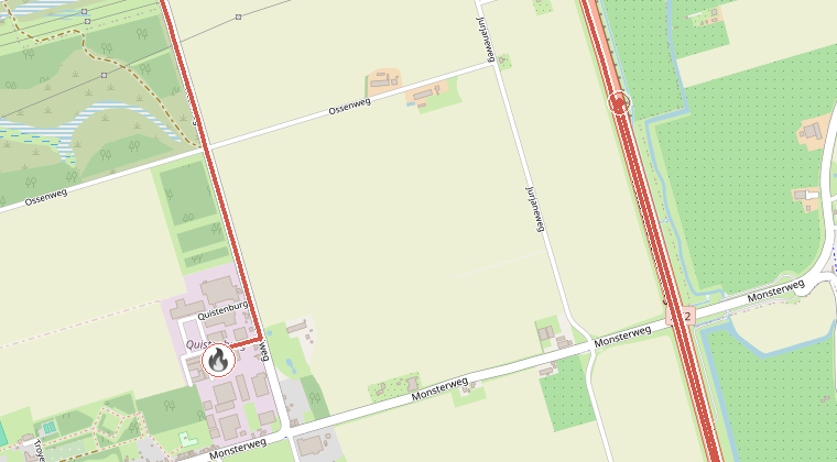Kaart van de omgeving van de melding, met de kazerne die is gealarmeerd