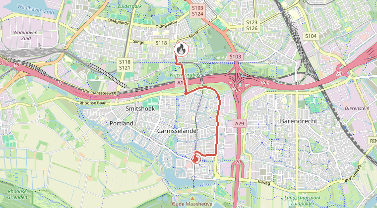 Kaart van de omgeving van de melding, met de kazerne die is gealarmeerd