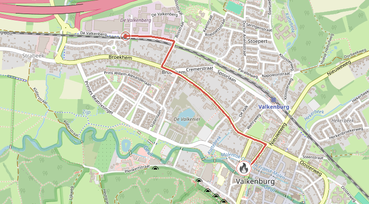 Kaart van de omgeving van de melding, met de kazerne die is gealarmeerd
