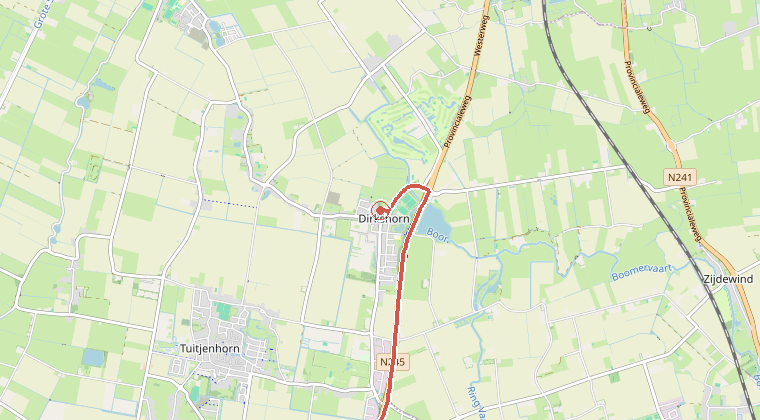 Kaart van de omgeving van de melding, met de kazerne die is gealarmeerd