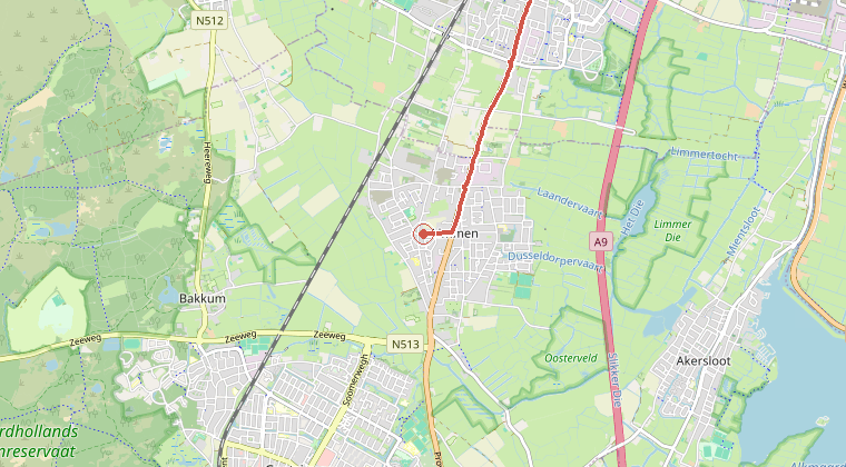 Kaart van de omgeving van de melding, met de kazerne die is gealarmeerd