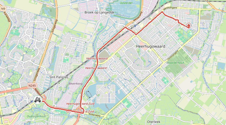 Kaart van de omgeving van de melding, met de kazerne die is gealarmeerd