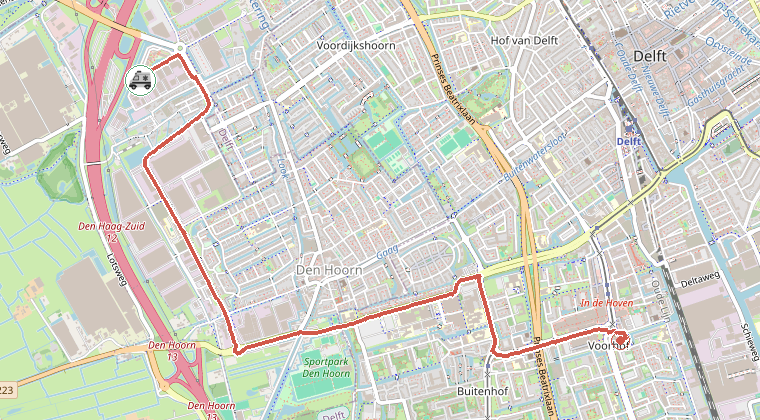 Kaart van de omgeving van de melding, met de kazerne die is gealarmeerd