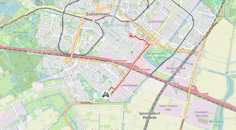 Kaart van de omgeving van de melding, met de kazerne die is gealarmeerd
