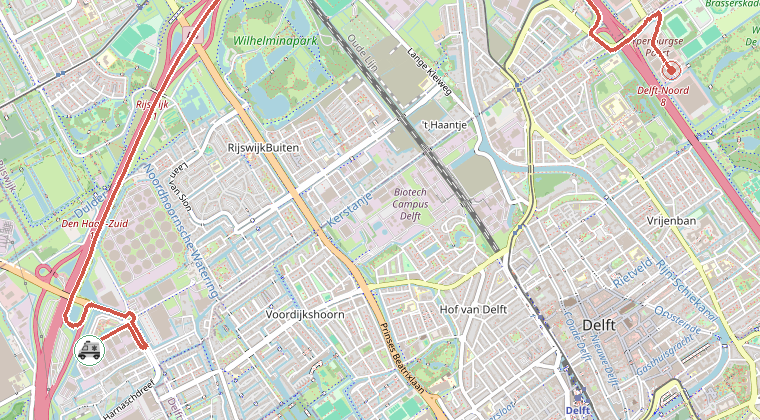 Kaart van de omgeving van de melding, met de kazerne die is gealarmeerd