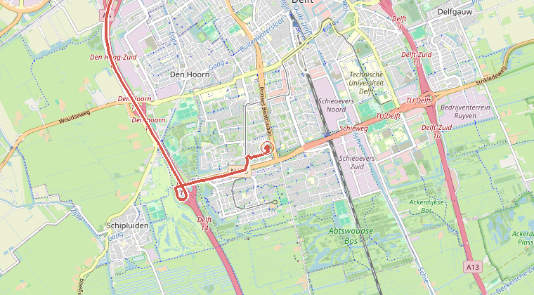 Kaart van de omgeving van de melding, met de kazerne die is gealarmeerd