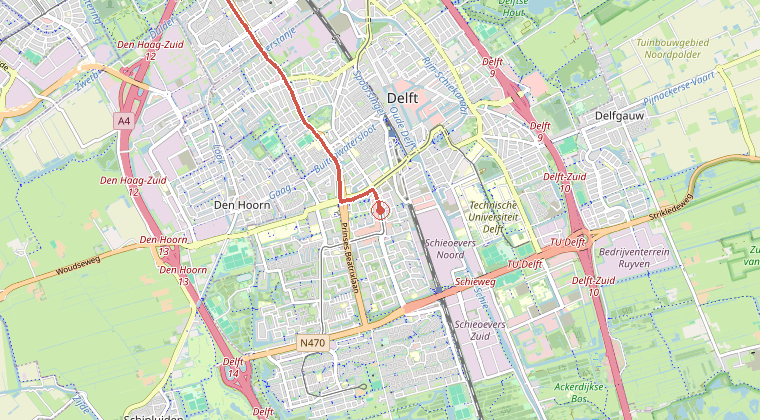 Kaart van de omgeving van de melding, met de kazerne die is gealarmeerd