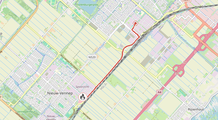 Kaart van de omgeving van de melding, met de kazerne die is gealarmeerd