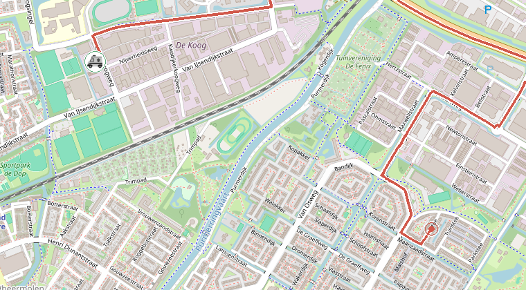 Kaart van de omgeving van de melding, met de kazerne die is gealarmeerd