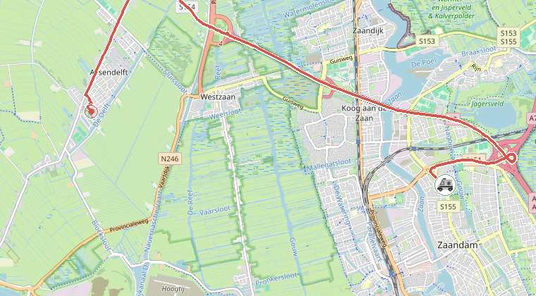 Kaart van de omgeving van de melding, met de kazerne die is gealarmeerd