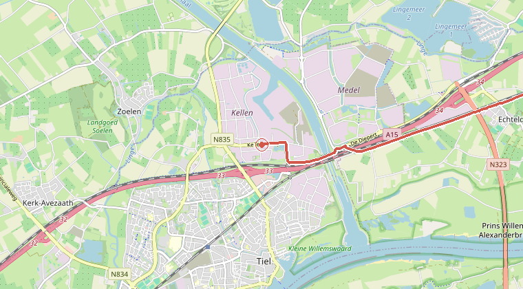 Kaart van de omgeving van de melding, met de kazerne die is gealarmeerd