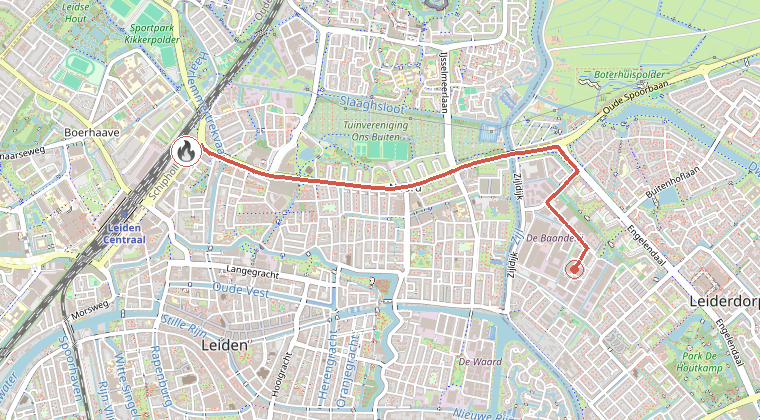 Kaart van de omgeving van de melding, met de kazerne die is gealarmeerd