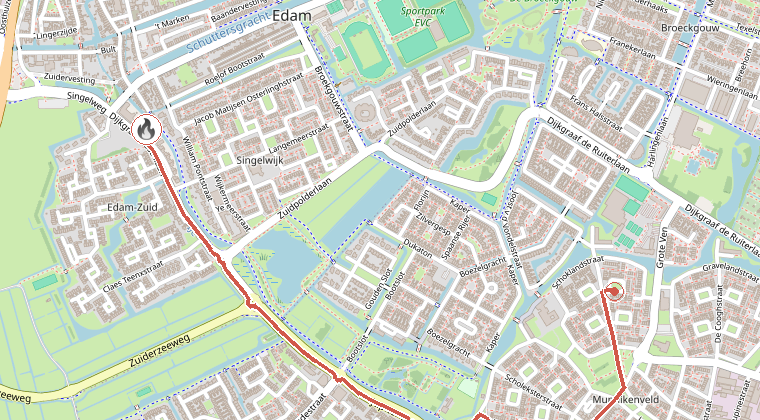 Kaart van de omgeving van de melding, met de kazerne die is gealarmeerd