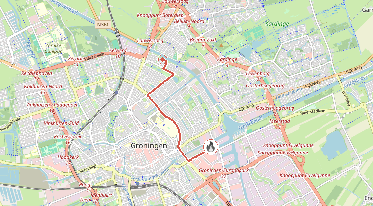 Kaart van de omgeving van de melding, met de kazerne die is gealarmeerd