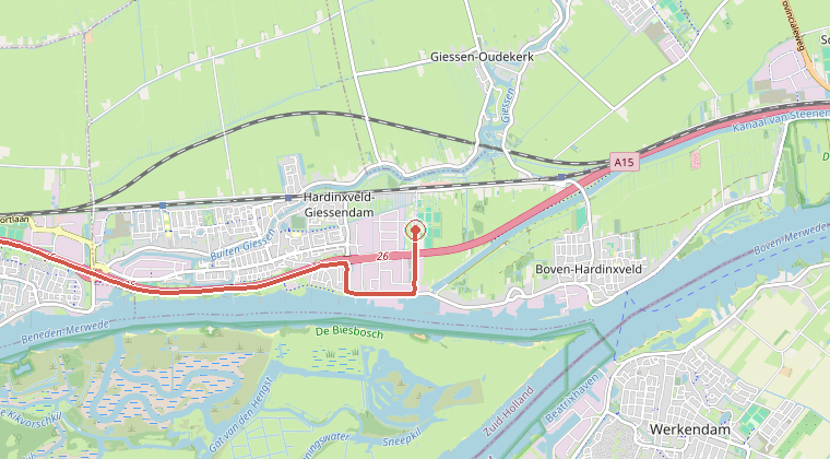 Kaart van de omgeving van de melding, met de kazerne die is gealarmeerd