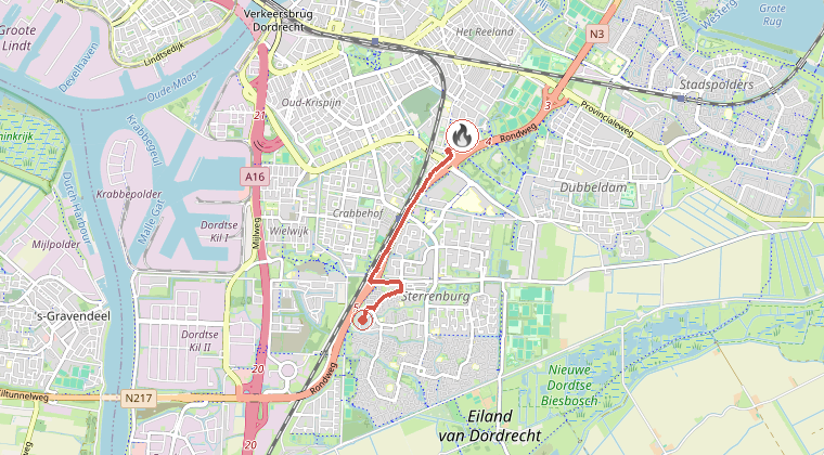 Kaart van de omgeving van de melding, met de kazerne die is gealarmeerd