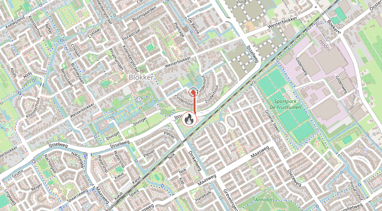 Kaart van de omgeving van de melding, met de kazerne die is gealarmeerd