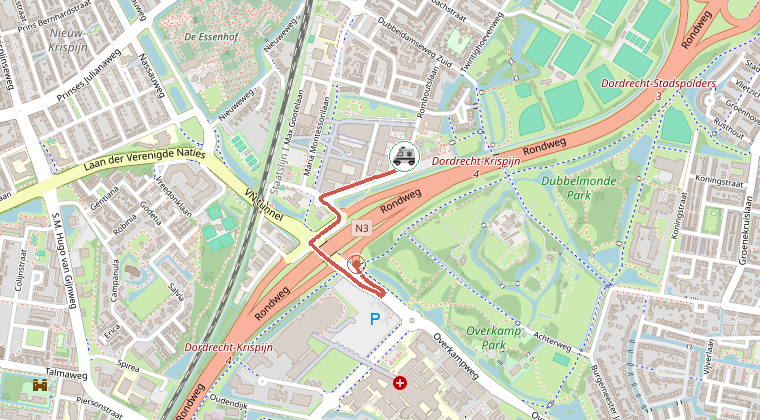 Kaart van de omgeving van de melding, met de kazerne die is gealarmeerd