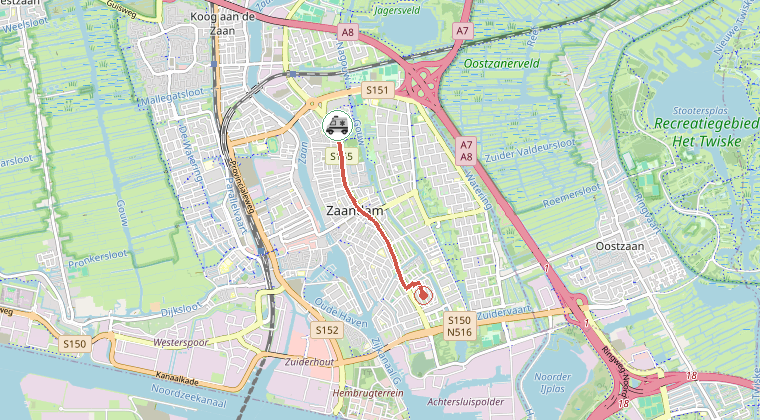 Kaart van de omgeving van de melding, met de kazerne die is gealarmeerd