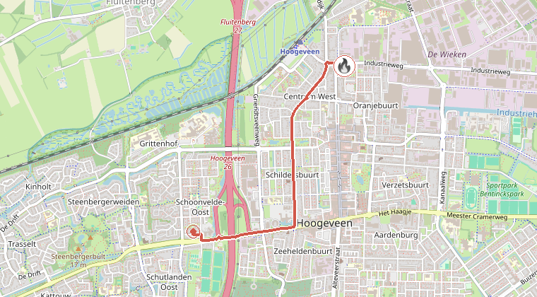 Kaart van de omgeving van de melding, met de kazerne die is gealarmeerd