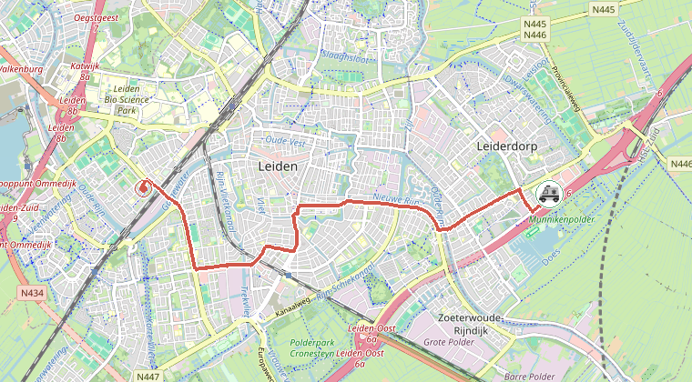 Kaart van de omgeving van de melding, met de kazerne die is gealarmeerd
