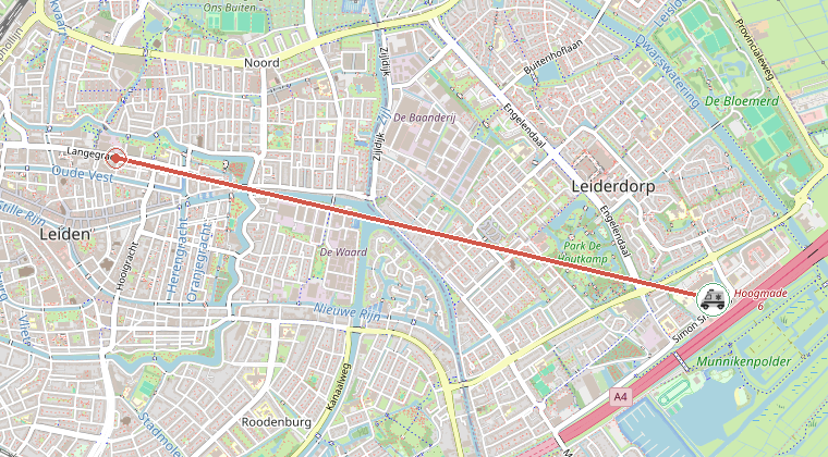 Kaart van de omgeving van de melding, met de kazerne die is gealarmeerd