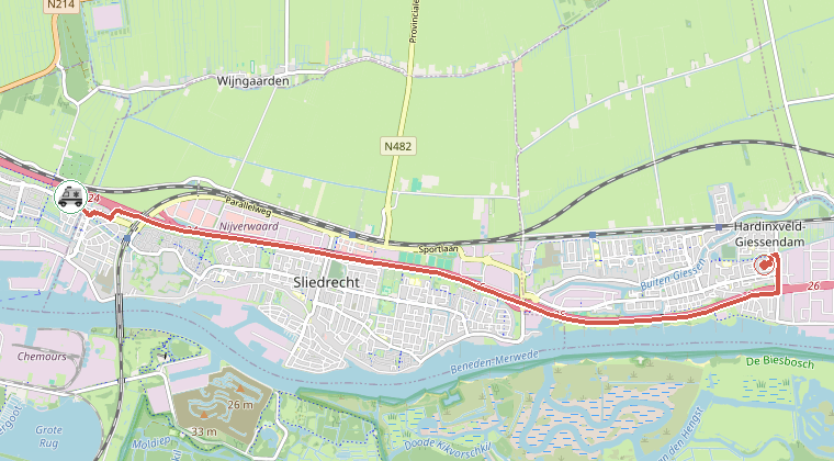 Kaart van de omgeving van de melding, met de kazerne die is gealarmeerd