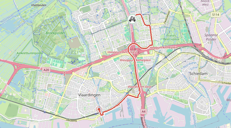 Kaart van de omgeving van de melding, met de kazerne die is gealarmeerd