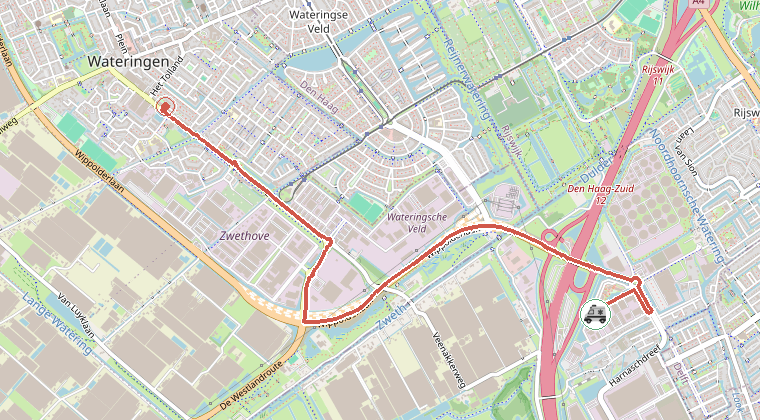 Kaart van de omgeving van de melding, met de kazerne die is gealarmeerd