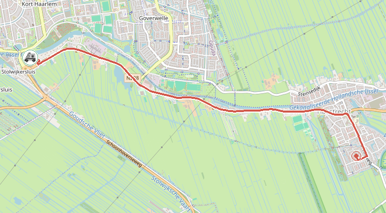 Kaart van de omgeving van de melding, met de kazerne die is gealarmeerd