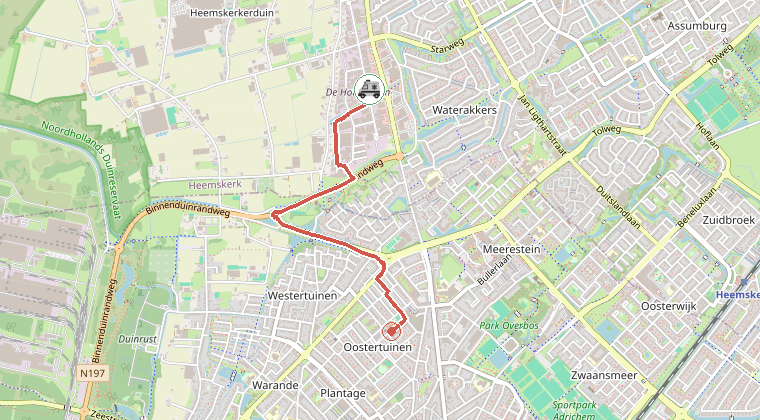 Kaart van de omgeving van de melding, met de kazerne die is gealarmeerd
