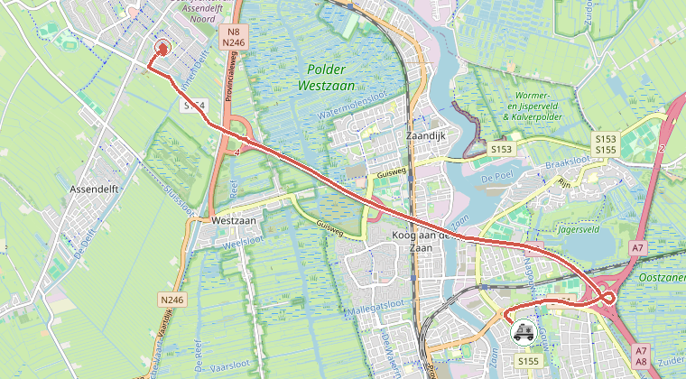 Kaart van de omgeving van de melding, met de kazerne die is gealarmeerd