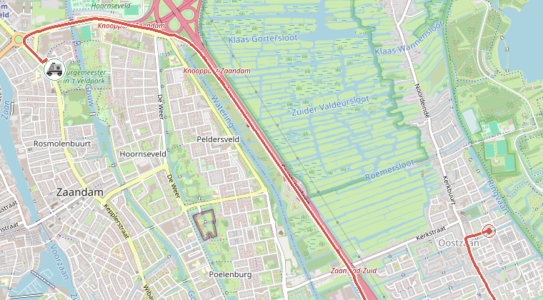 Kaart van de omgeving van de melding, met de kazerne die is gealarmeerd