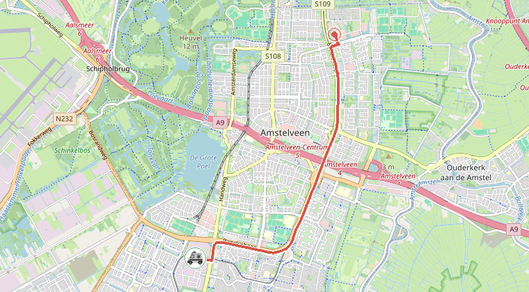 Kaart van de omgeving van de melding, met de kazerne die is gealarmeerd