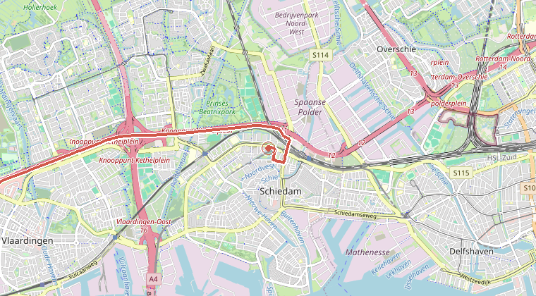 Kaart van de omgeving van de melding, met de kazerne die is gealarmeerd