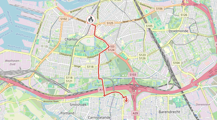 Kaart van de omgeving van de melding, met de kazerne die is gealarmeerd
