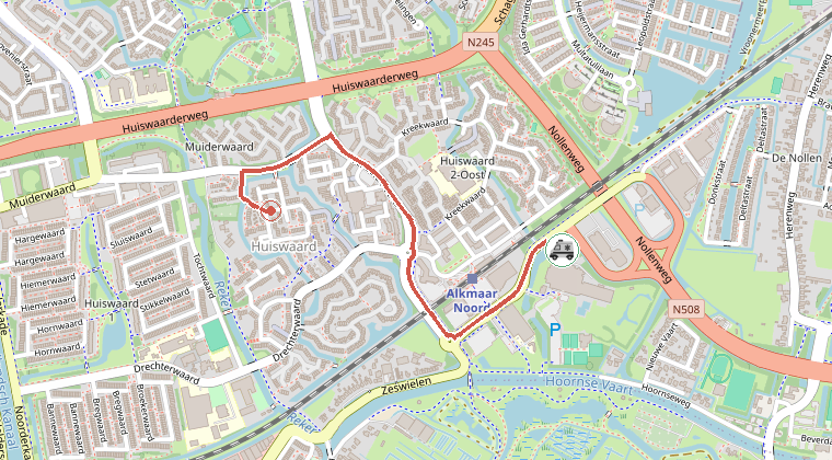 Kaart van de omgeving van de melding, met de kazerne die is gealarmeerd