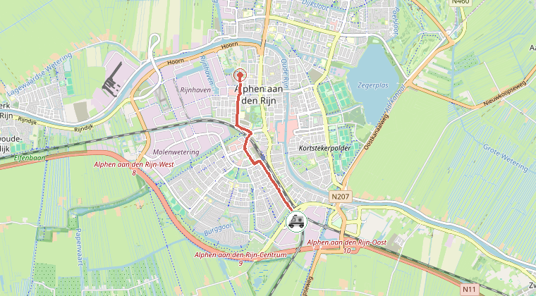 Kaart van de omgeving van de melding, met de kazerne die is gealarmeerd