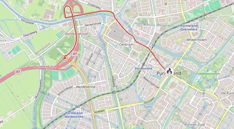 Kaart van de omgeving van de melding, met de kazerne die is gealarmeerd